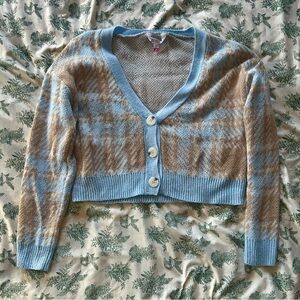 Plaid Blue Tan Button Down Sweater
